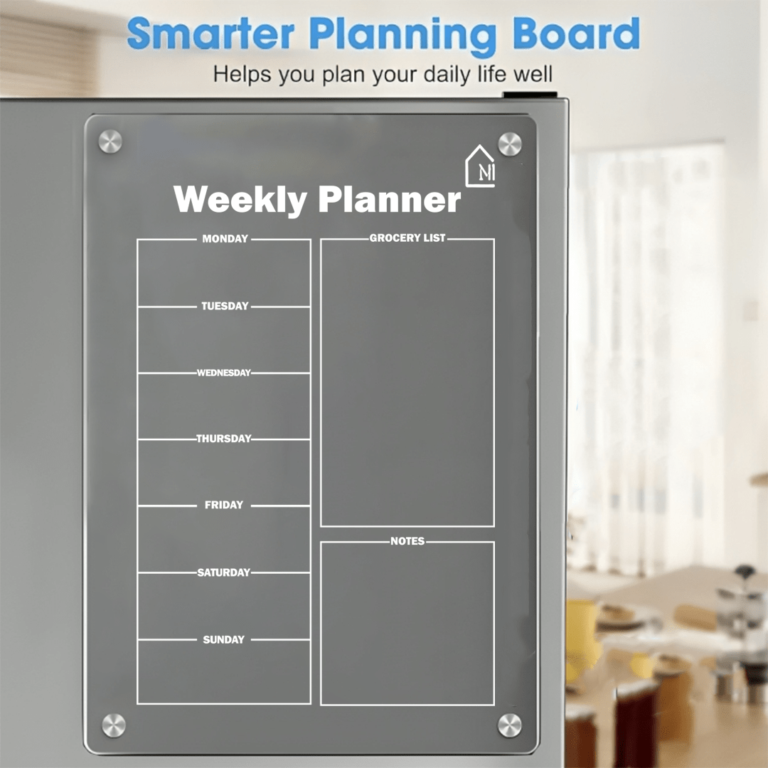 Acrylic Weekly Magnetic Planner With Grocery list and Notes Column(Pens + Rag) - Memories InsiteWEEKLY FRIDGE PLANNER GROCERY AND NOTES I